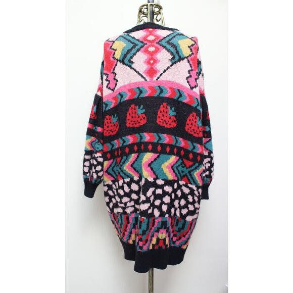 Farm Rio Crazy Mix Strawberry Colorful Fuzzy Long Cardigan Sweater Size XS - Picture 6 of 7